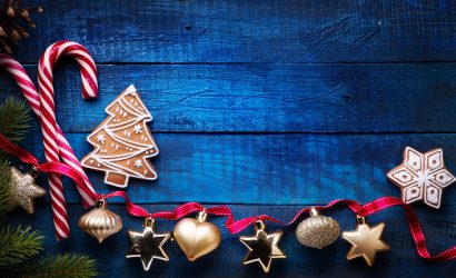 Christmas holidays ornament flat lay; Christmas card background